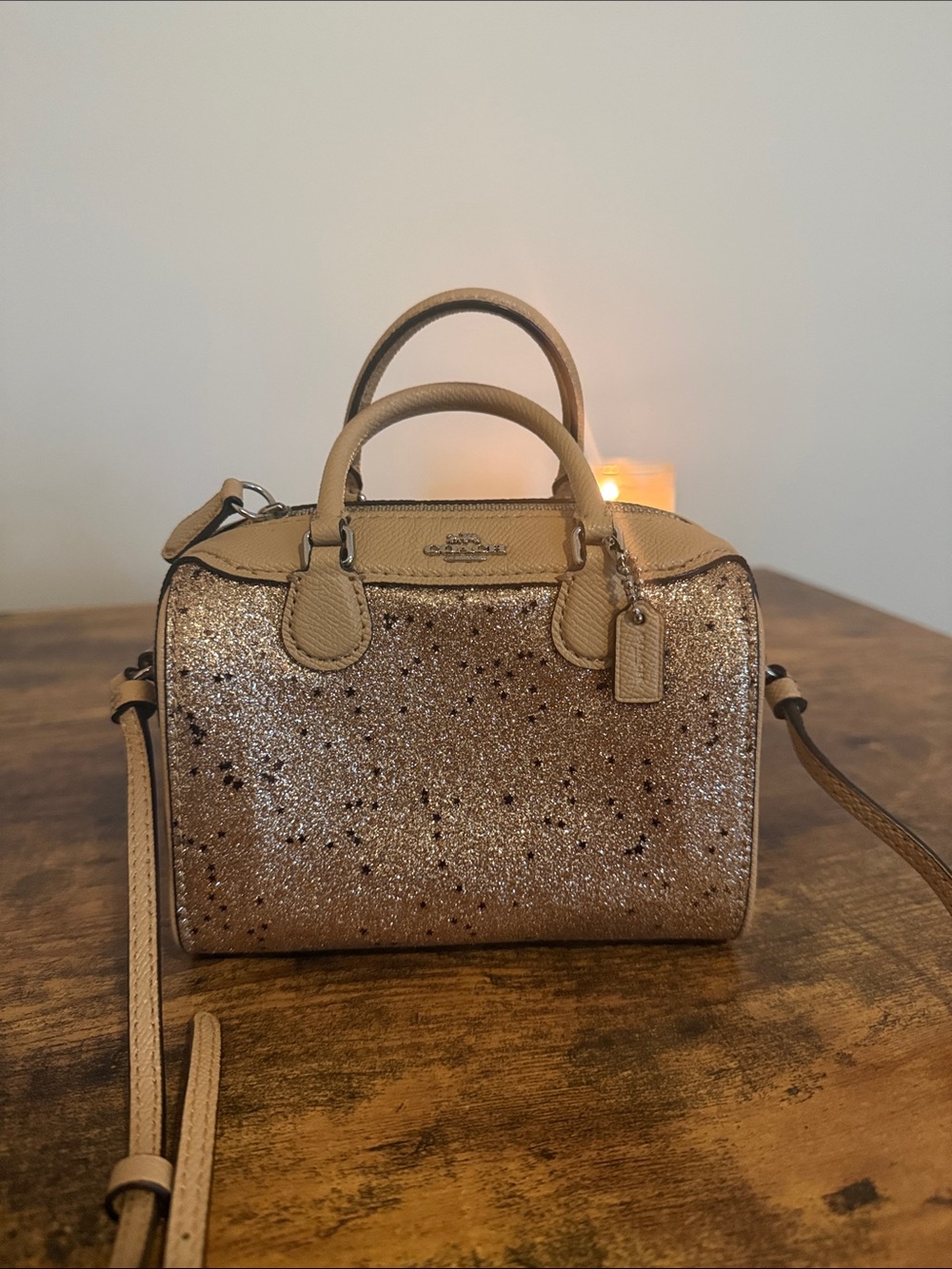 Coach Mini Satchel in Glittery Gold and Tan